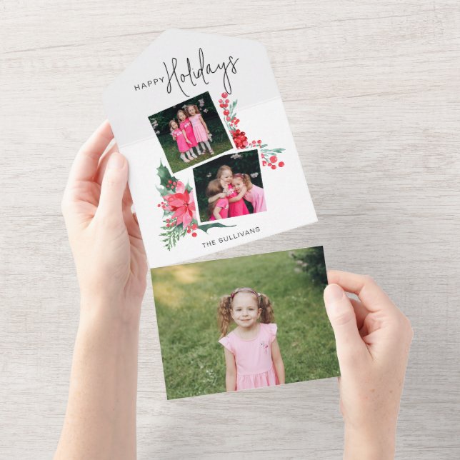 Invitation Tout En Un Joli Poinsettia rose & Holly 2-Photo (Déchirure)
