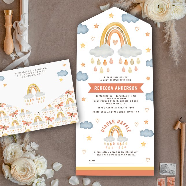 Invitation Tout En Un Jote Rustic Boho Rainbow Baby shower Raindrops (Créateur téléchargé)