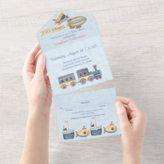 Invitation Tout En Un Jouets en bois de garçon Baby shower bleu