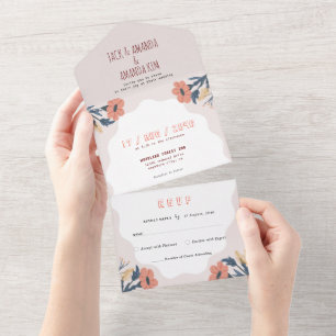 Invitation Tout En Un Joyeux Floral rose Mariage rétro tout en un RSVP