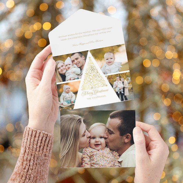 Invitation Tout En Un Joyeux Noël Arbre à perles d'or 4 Photo Collage (Créateur téléchargé)