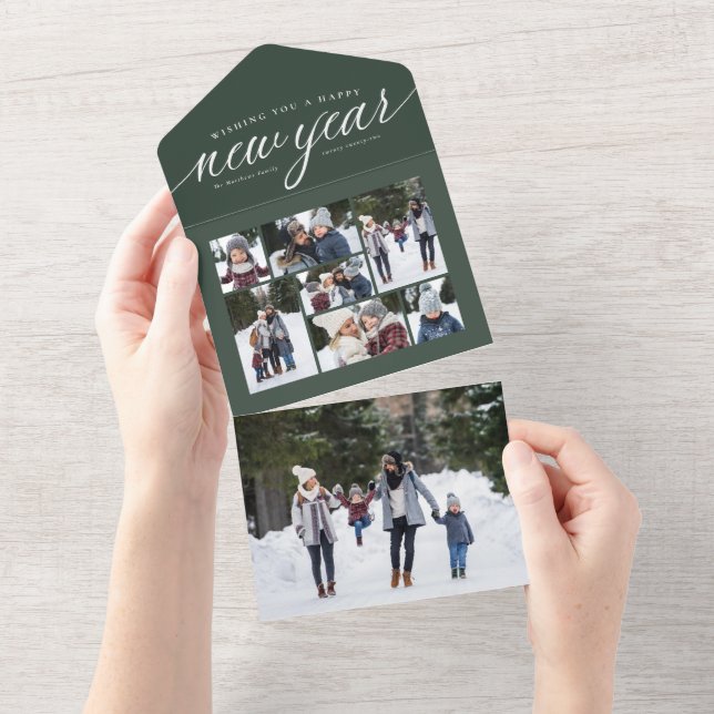 Invitation Tout En Un Joyeux Nouvel An vert photo collage triplé vacance (Déchirure)