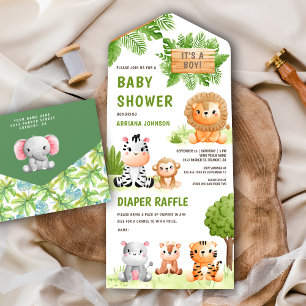 Invitation Tout En Un Jungle Safari Animaux Sauvages Mignons Garçon Baby