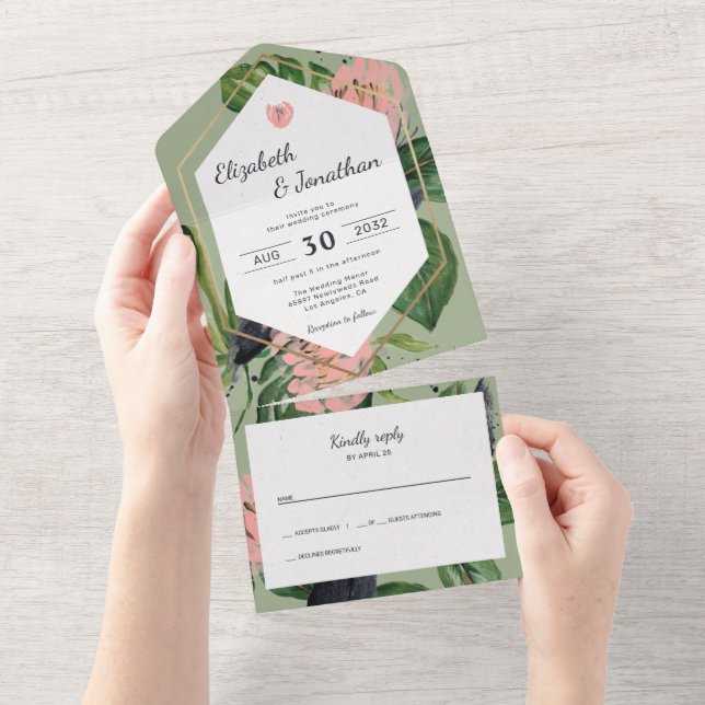 Invitation Tout En Un jungle tropicale feuilles & fleurs roses floral mo (Déchirure)