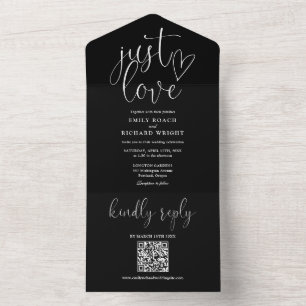 Invitation Tout En Un Just Love Code QR Moderne Mariage Noir Et Blanc