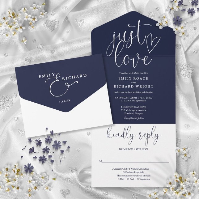 Invitation Tout En Un Just Love Élégant Script Mariage bleu marine (Just Love Elegant Script Navy Blue Wedding All In One Invitation)