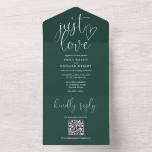 Invitation Tout En Un Just Love Modern QR Code Emerald Green Mariage