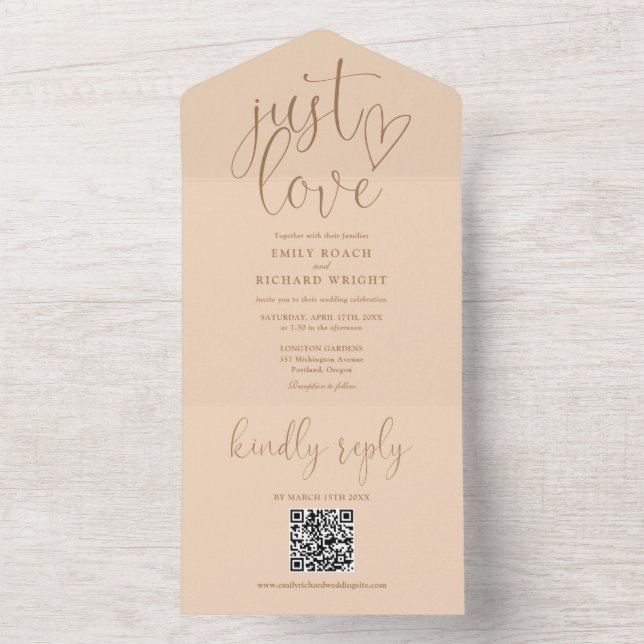 Invitation Tout En Un Just Love Modern QR Code Soft Peach Mariage (À l'intérieur)