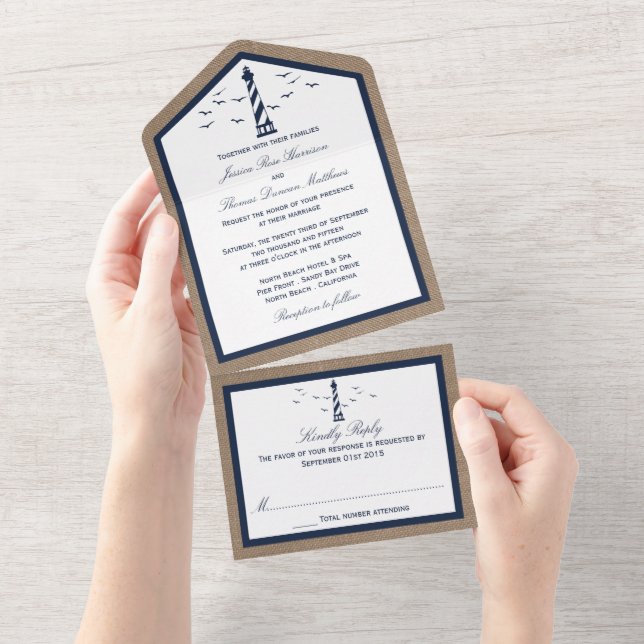 Invitation Tout En Un La collection Mariage de Burlap du phare nautique (Déchirure)
