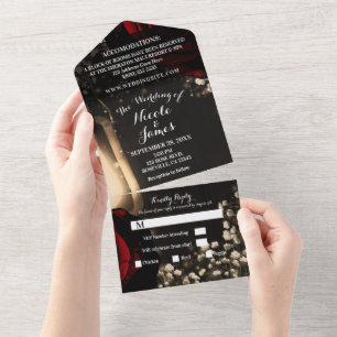 Invitation Tout En Un Lanterne rustique et Mariage de roses rouges glam 