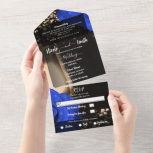 Invitation Tout En Un Lanterne rustique et Rose bleu Mariage + RSVP