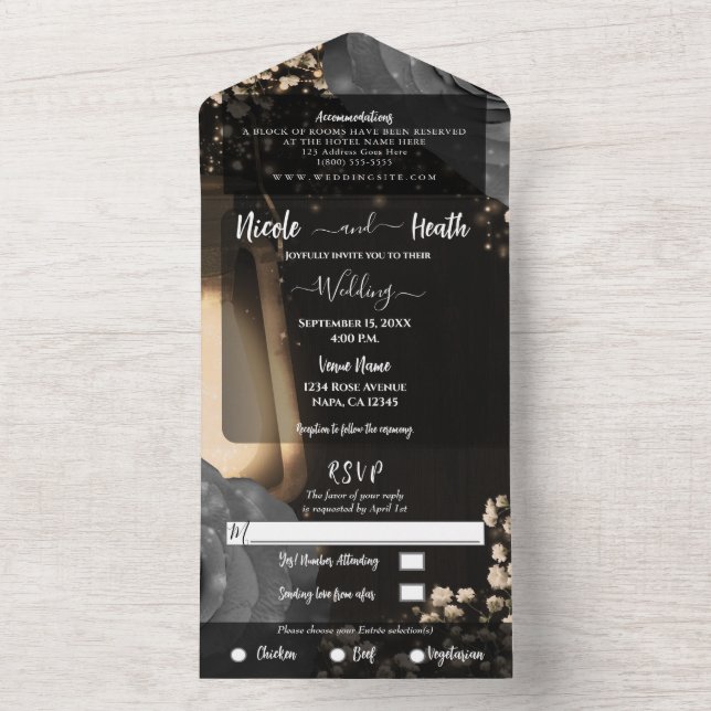 Invitation Tout En Un Lanterne rustique et Rose gris argenté (À l'intérieur)