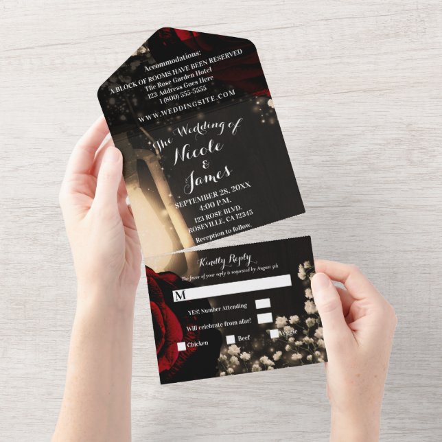 Invitation Tout En Un Lanterne Rustique & Roses Rouges Glam Mariage + RS (Déchirure)