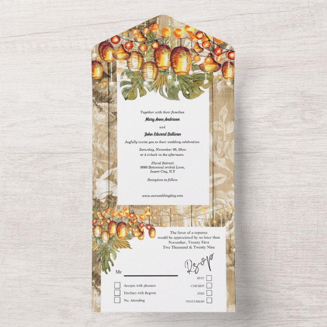 Invitation Tout En Un lanternes Hawaii boho bois rose tropical (À l'intérieur)