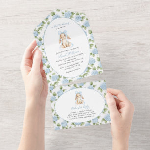 Invitation Tout En Un Lapin Mignon, Nœud Bleu, Fleurs Bleues, Baby Showe