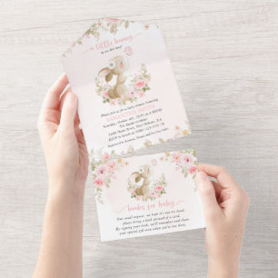 Invitation Tout En Un Lapin Mignon, Papillon, Fleurs Roses, Baby Shower