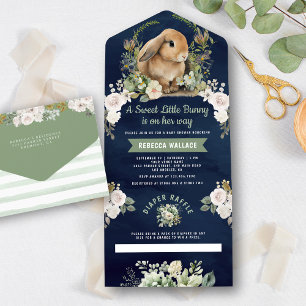 Invitation Tout En Un Lapin Mignon Vert Sauge Floral Bleu Marine Baby Sh