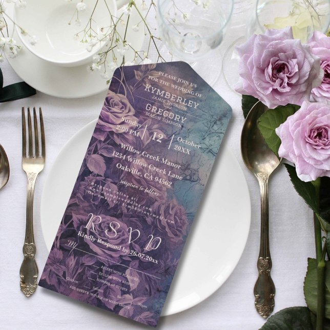 Invitation Tout En Un Lavande gothique foncée violet Rose floral Courrie (Créateur téléchargé)