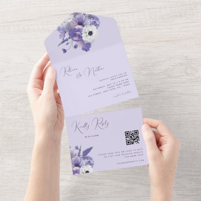 Invitation Tout En Un Lavande Lilac Romantique Floral Qr Code Mariage (Déchirure)