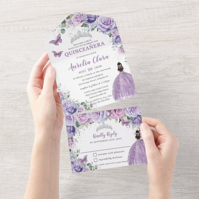 Invitation Tout En Un Lavande Lilac violette Quinceanera Princesse Flora (Déchirure)