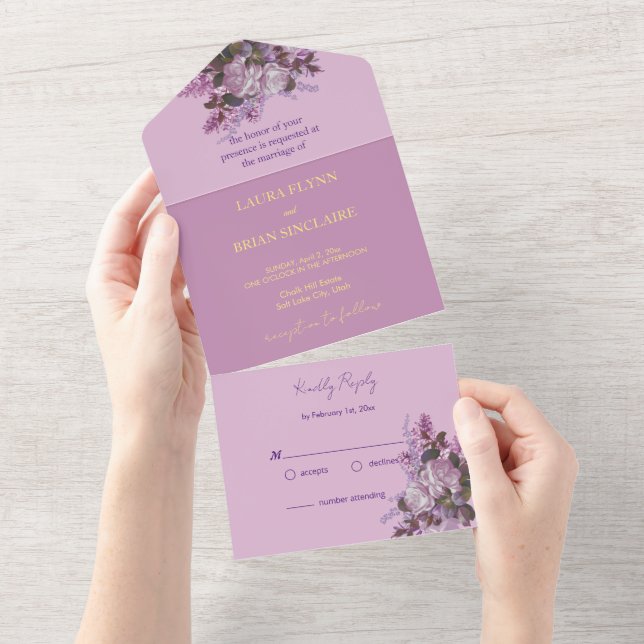 Invitation Tout En Un Lavande, Lilacs, Roses, Mariage (Déchirure)