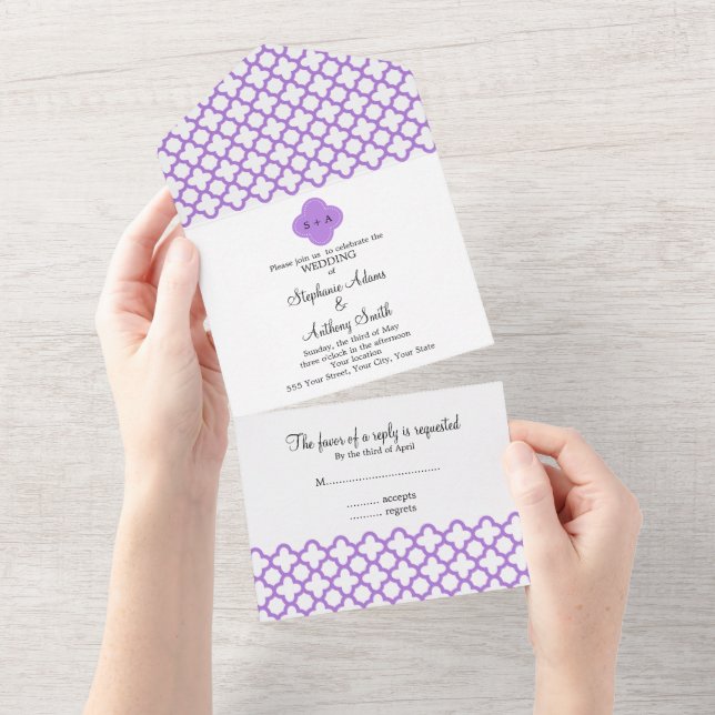 Invitation Tout En Un Lavande Monogramme Quatrefoil Motif Répétition Tou (Déchirure)