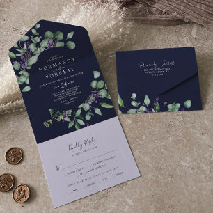 Invitation Tout En Un Lavande rustique et Eucalyptus Mariage bleu mari