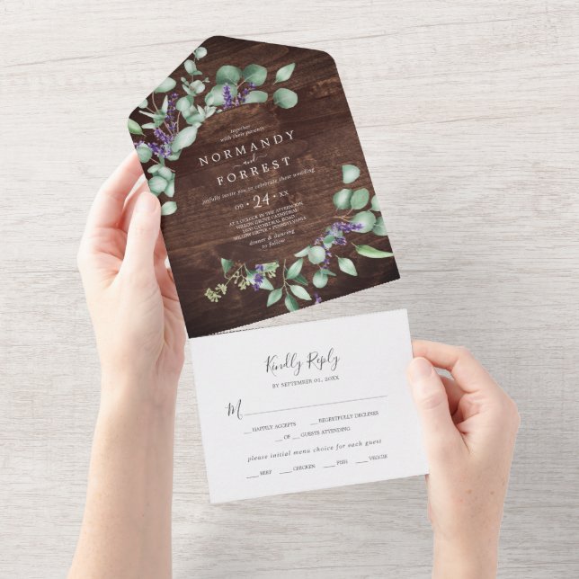 Invitation Tout En Un Lavande rustique et Eucalyptus | Mariage bois (Déchirure)