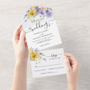 Invitation Tout En Un Lavande violet jaune Floral Golden Wedding RSVP