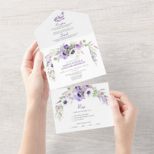 Invitation Tout En Un Lavande violette et anémones blanches Floral  