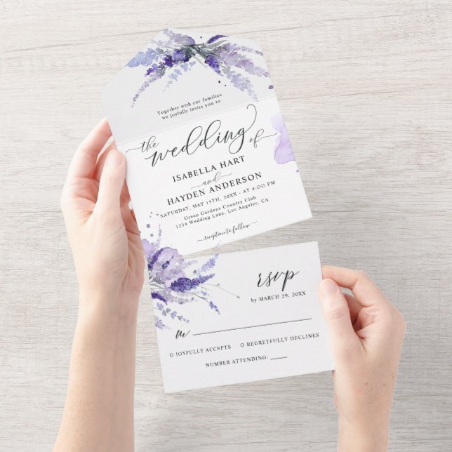 Invitation Tout En Un Lavender Lilac Élégant Mariage botanique floral (Déchirure)