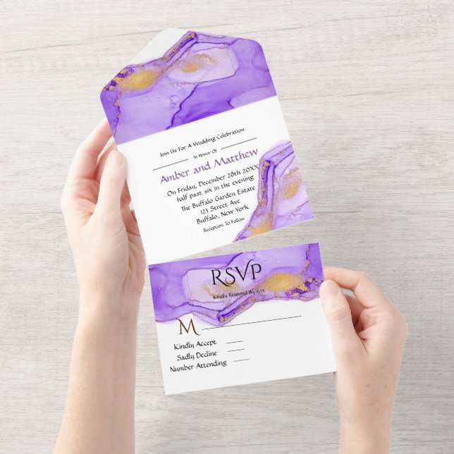 Invitation Tout En Un Lavender Lilac Mariage d'encre d'alcool tout en un (Déchirure)