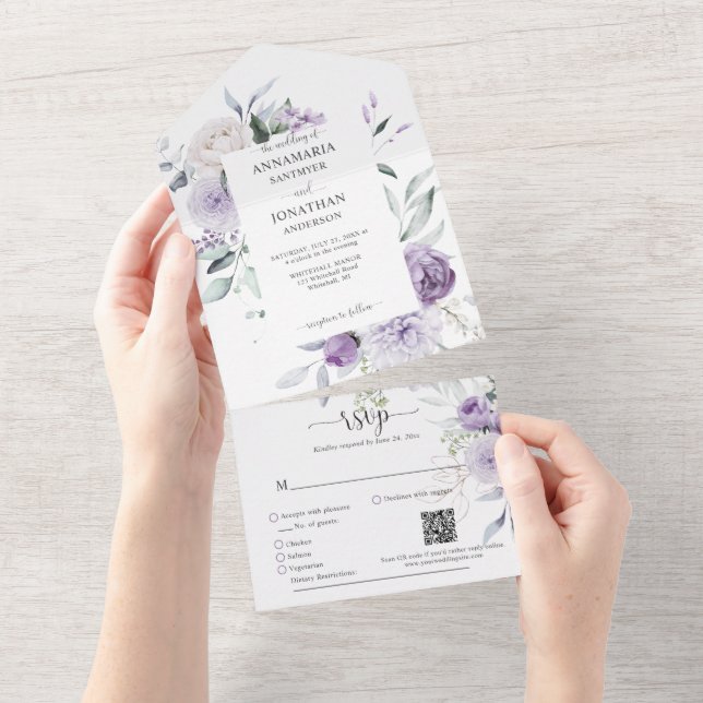 Invitation Tout En Un Lavender Lilac Purple Peonies Mariage de verdure (Déchirure)