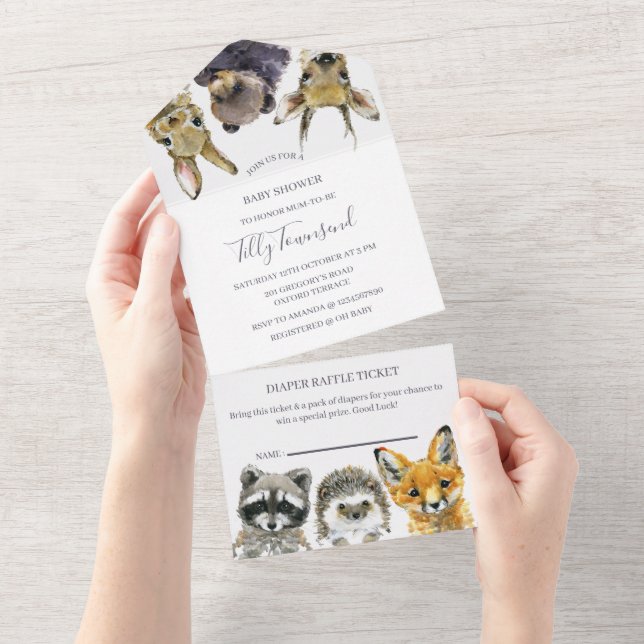 Invitation Tout En Un Le Baby shower des animaux des bois (Déchirure)