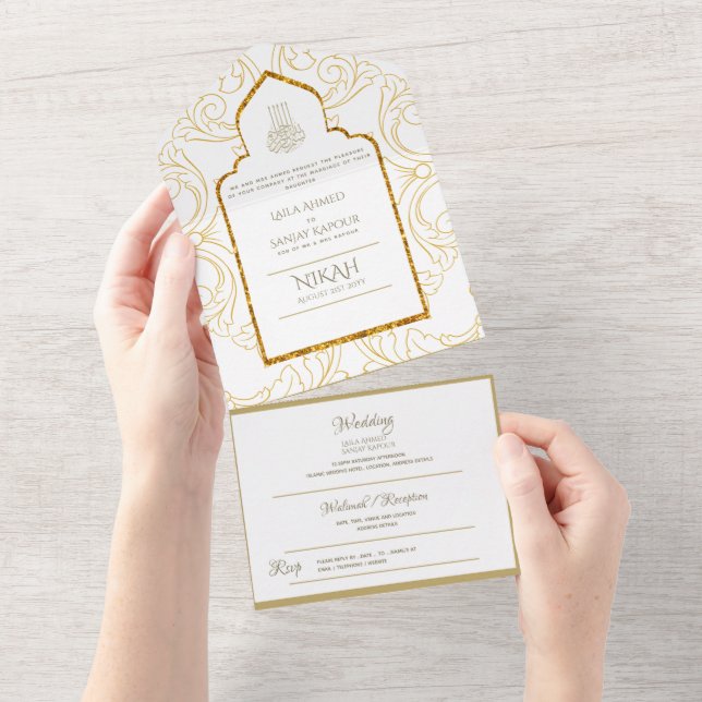 Invitation Tout En Un Le MARIAGE Islamique NIKAH WALLIMAH Gold Ornait (Déchirure)