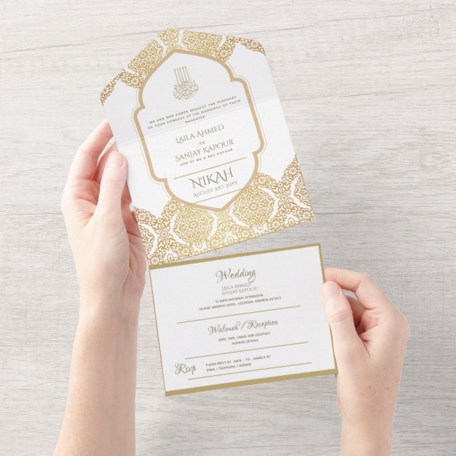 Invitation Tout En Un Le MARIAGE Islamique NIKAH WALLIMAH Gold Ornait (Déchirure)