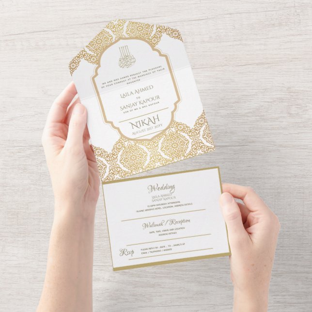Invitation Tout En Un Le MARIAGE Islamique NIKAH WALLIMAH Gold Ornait (Déchirure)