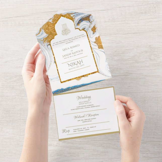 Invitation Tout En Un LeahG Blue Islam Mariage invite Nikah (Déchirure)
