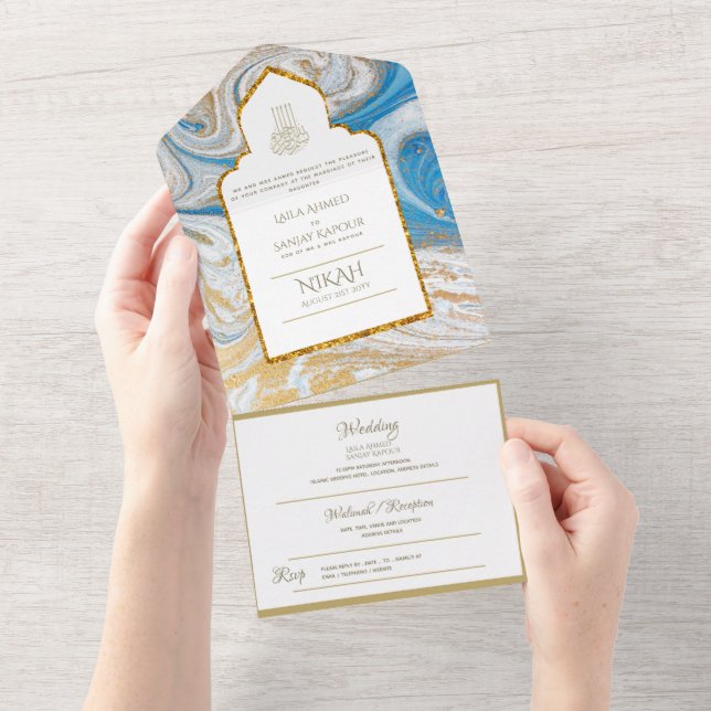Invitation Tout En Un LeahG Blue Islam Mariage invite Nikah (Déchirure)