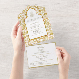 Invitation Tout En Un LeahG Gold Paisley Mariage musulman islamique Invi
