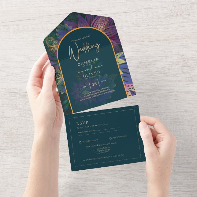 Invitation Tout En Un LeahG Green Purple Gold JEWEL TONES Mariage INVITE (Déchirure)