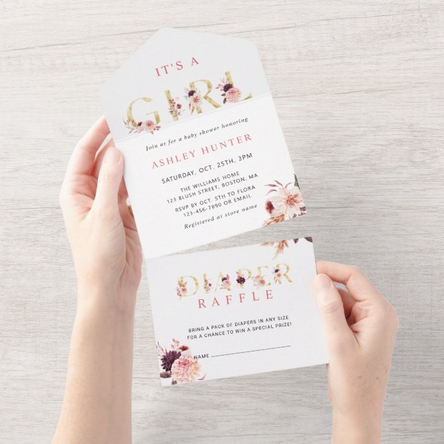Invitation Tout En Un Letra floral Gold Baby Shower | Diaper Raffle (Déchirure)