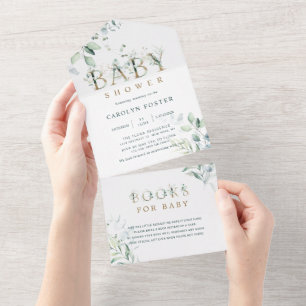 Invitation Tout En Un LETTRE D'OR BOtanique Baby shower garçon 