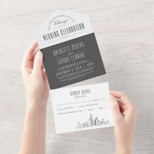 Invitation Tout En Un Ligne Skyline Chicago Deco   Mariage de style gris