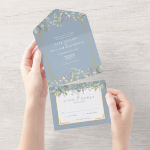 Invitation Tout En Un Lilac Foliage Dusty Mariage Monogramme bleu