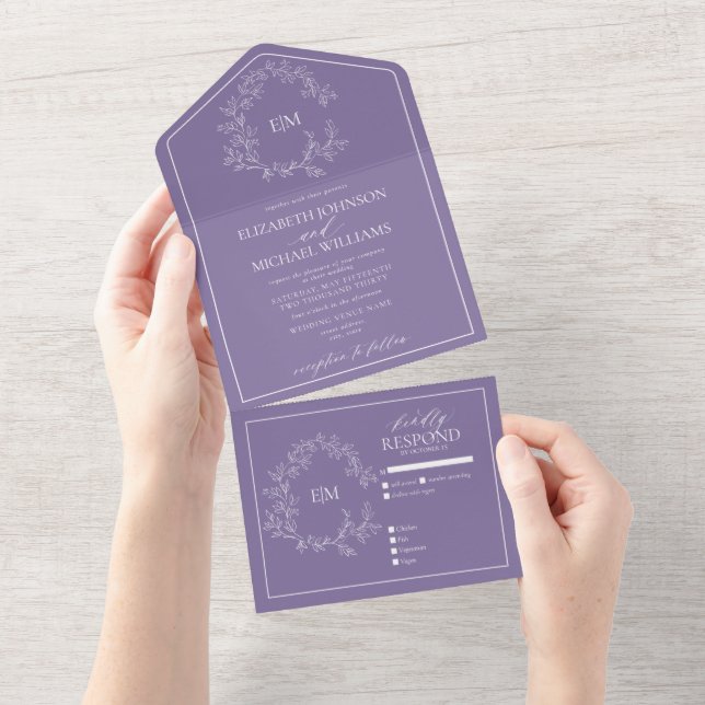 Invitation Tout En Un Lilac Lavender Mariage de monogramme de poitrine f (Déchirure)