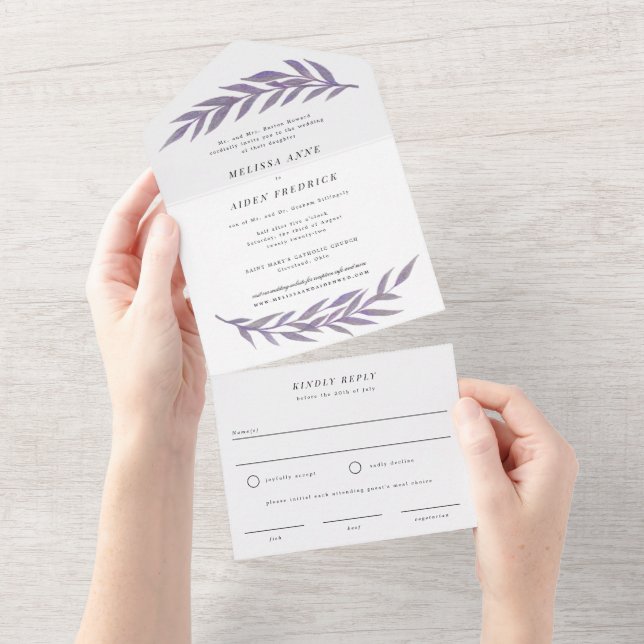 Invitation Tout En Un Lilac Simple Branch Mariage de l'écriture officiel (Déchirure)
