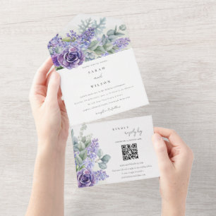 Invitation Tout En Un Lilac Succulent Eucalyptus Foliage Mariage QR Code