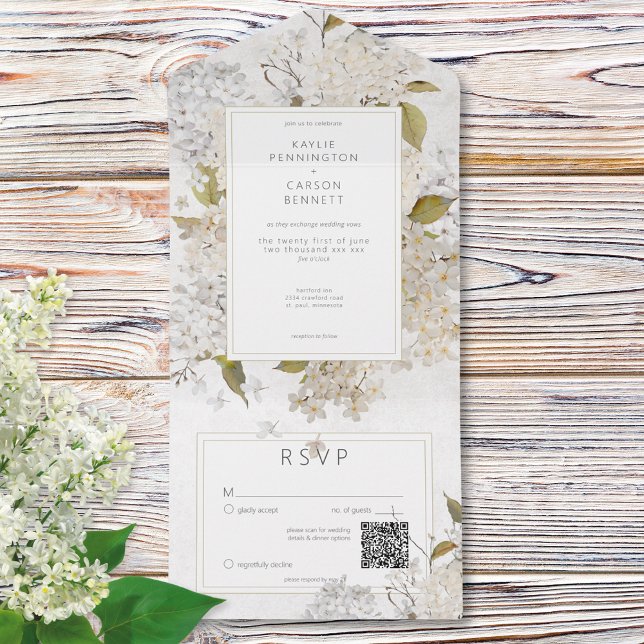 Invitation Tout En Un Lilacs blancs romantiques rustiques sur le code QR (Rustic Romantic White Lilacs on White QR Code All In One Invitation)