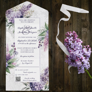 Invitation Tout En Un Lilacs et bruyère sur blanc marbré avec code QR